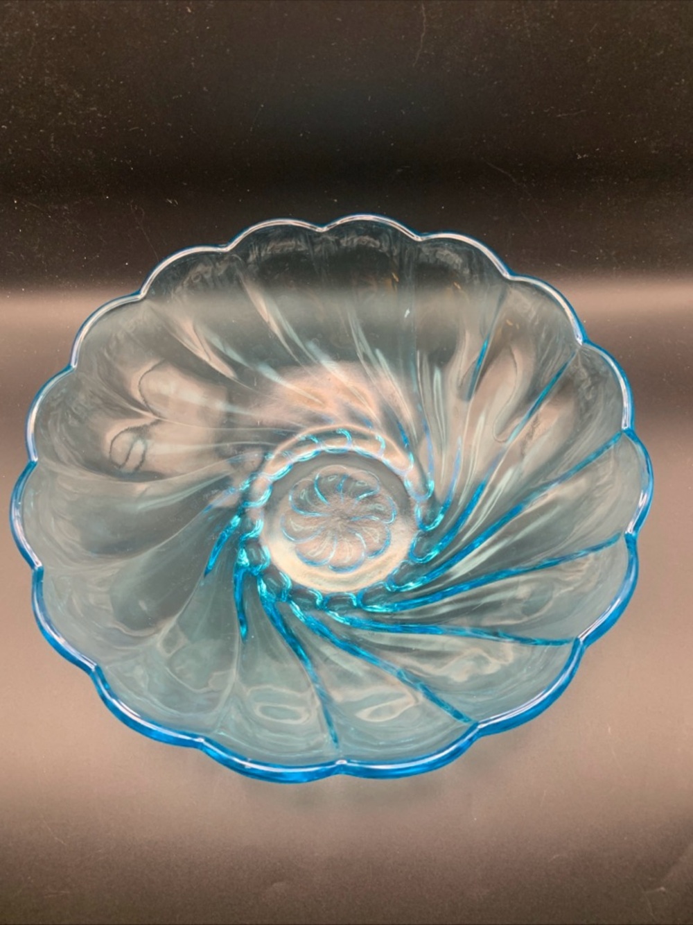 Vintage Hazel Atlas Serving Utility Bowl Seashell Flower Swirl Cobalt Teal Blue